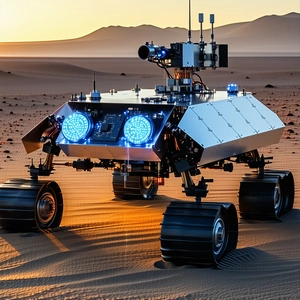 A Futuristic Robotic Vehicle With Four Wheels, Standing On A Sandy Surface