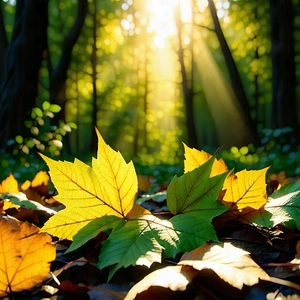 Nature Macro Photography: Autumn Leaves In Sunlit Clearing With Forest Sunny