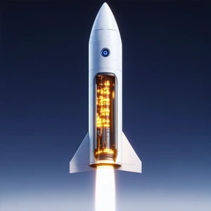 A Rocket Is Shown In A Close-up Shot, With Its Engine Lit Up