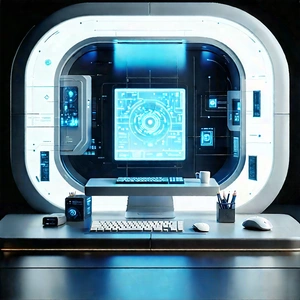 Futuristic (digital:1.5) workspace