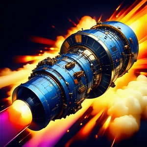 A Blue Rocket Ship Is Shown In A Colorful Explosion, With The Rocket Being The Main Focus