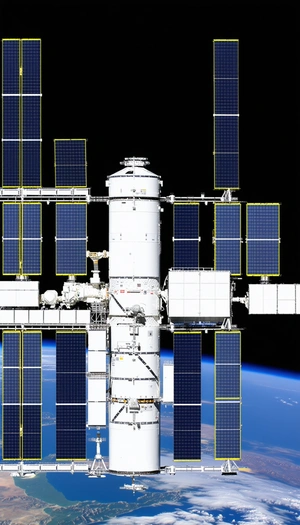 A Large Space Station With A White And Blue Color Scheme