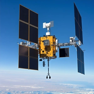 A Large Satellite With A Yellow And Black Color Scheme, Flying High In The Sky