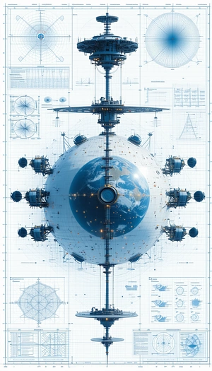 A Blue And White Drawing Of A Space Station Is Displayed