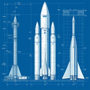 A Blue Drawing Of A Rocket Ship Is Shown, With A Smaller Rocket Ship Next To It