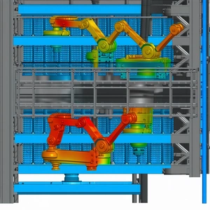 A Large, Blue Metal Structure With A Series Of Orange And Yellow Robotic Arms Attached To It