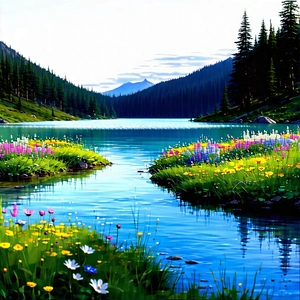 Nature Editorial Photography: Crystal Clear Lake Surrounded By Wildflowers With Serene Scene