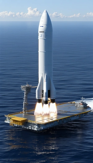 A Large White Rocket Ship On A Runway, With A Yellow Line Painted On The Ground