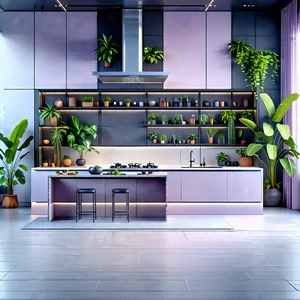 Lifestyle Pastel Drawing: Modern Kitchen With Plants And Natural Elements With Large, Modern