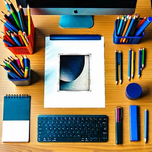 Business Woodcut Print: Workplace With (modern:1.27) Office Supplies On Desk With Wooden Desk