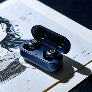 Tech Woodcut Print: Wireless earbuds with data visualization
