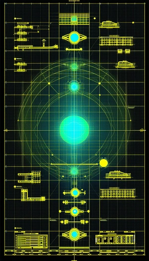 A Large, Green, Circular Object Is At The Center Of A Drawing