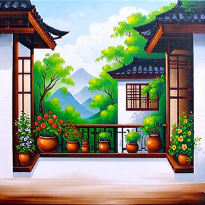 Lifestyle Acrylic Painting: Balcony Garden With Organized Space With Beautifully Painted