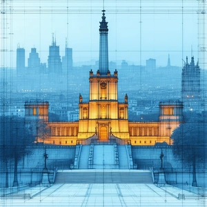 Urban Blueprint Style: Historic Monument With City Lights With Blue White