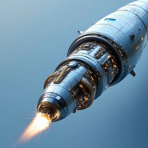 A Large Blue Rocket Is Flying Through The Sky, With A Trail Of Smoke Behind It