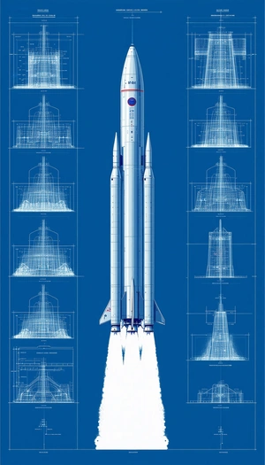 The Image Is A Blue Drawing Of A Space Shuttle, Showcasing Its Various Parts And Components