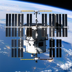 A Space Shuttle With A Large Satellite Dish On Top Of It