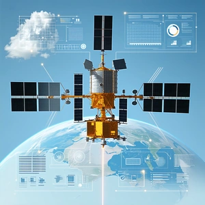 A Space Shuttle Is Shown In A Computer Graphic, With A Large Satellite Dish On The Front