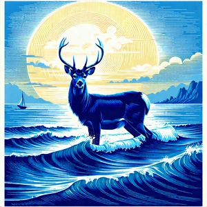Nature Linocut Print: Deer In Ocean Waters With Blue White