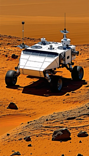 A Large White Vehicle, Possibly A Rover Or A Spacecraft, Driving Across A Red Dirt Surface