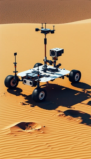A White Robotic Vehicle With A Large Antenna On Top, Driving Across A Sandy Terrain