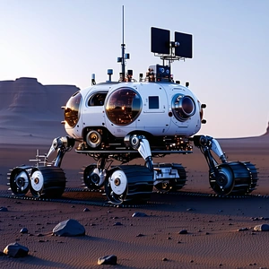 A White Spacecraft Is Parked On A Rocky Surface, With A Large Dome On Top