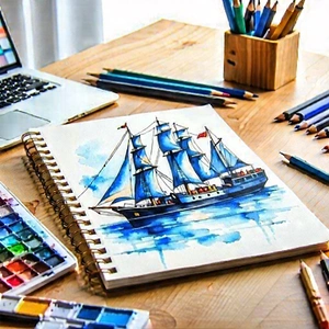 Business Watercolor Painting: Workplace with notebooks and pens on desk