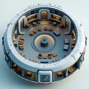 The Image Is A 3d Model Of A Large Room With A Circular Design