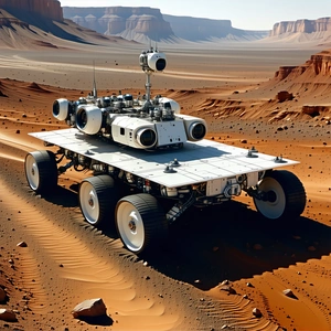 A White And Silver Space Vehicle, Possibly A Rover, Driving Across A Rocky Terrain