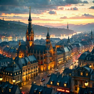 Urban Blender Artwork: Cityscape Of Historic City Center During Sunrise With Nighttime View