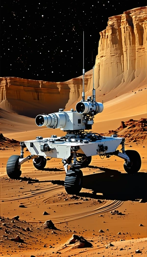 A White Robotic Vehicle With A Large Camera On Its Front, Sitting On A Rocky Surface