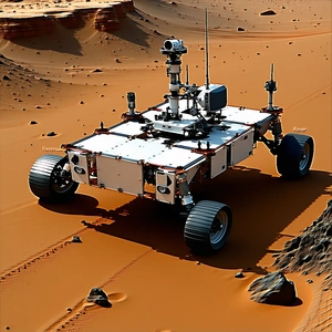 A Large, White Robotic Vehicle With A Camera On Top, Driving Across A Red Dirt Surface