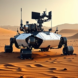 A Large, White Robotic Vehicle With A Dome-shaped Top, Sitting In A Desert-like Environment