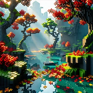 Nature Voxel Art: Autumn Leaves In Misty Environment With Digital Artwork