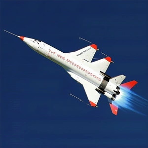 A White And Red Jet Is Flying Through The Sky, Leaving A Trail Of Smoke Behind It