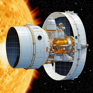 A Spacecraft Is Shown In A Space Scene, With A Large Sun In The Background