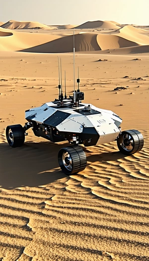 A White Robotic Vehicle With A Large Antenna On Top, Driving Across A Sandy Terrain