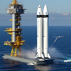 A Large Rocket Ship Is Being Transported On A Boat In The Ocean