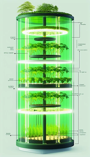 A Large Green Plant Is Growing In A Tower-like Structure, With Multiple Levels Of Plants
