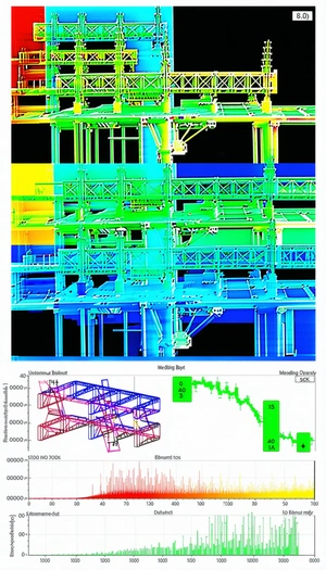 The Image Is A 3d Model Of A Building, Likely A Bridge, With A Blue And Yellow Color Scheme
