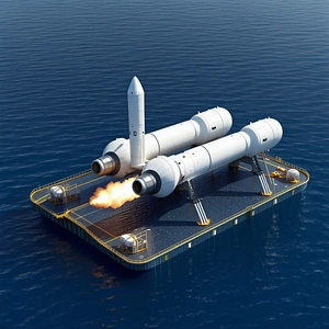 A Large White Space Shuttle On A Floating Platform In The Ocean