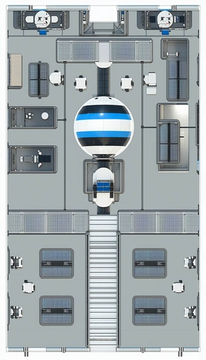 A Large White And Blue Sphere Is Located In The Center Of A Room