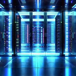 Futuristic Server Room With Large Blue