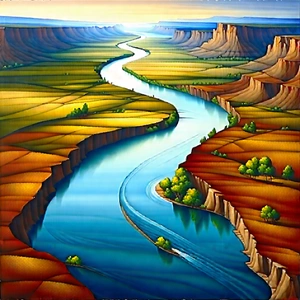 Nature Gouache Painting: Aerial View Of Winding (river:1.36) With Beautiful River