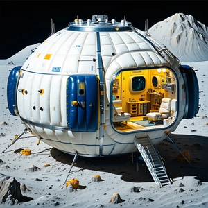 A Large White Spacecraft Is Parked On A Rocky Surface, With A Mountain In The Background