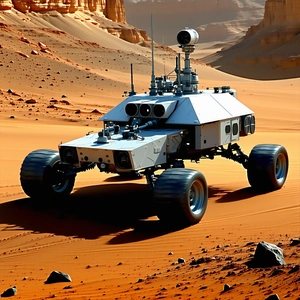 A Futuristic Vehicle, Possibly A Tank Or A Rover, Driving Across A Desert Landscape