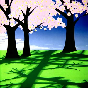 Nature Woodcut Print: Cherry Blossoms In Sunlit Clearing With Beautiful Scene