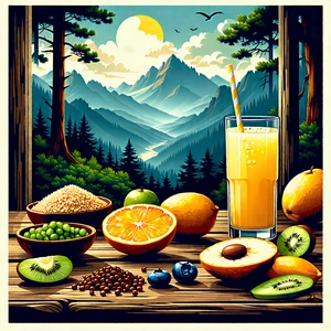 Lifestyle Woodcut Print: Wellness Scene With Healthy Food With Image, There