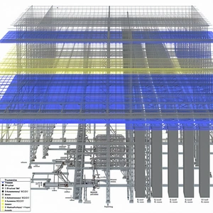 The Image Is A Blue And Yellow Drawing Of A Building, Possibly A Factory Or A Warehouse