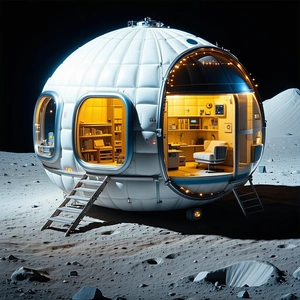 A Small, White, Round Spacecraft With A Staircase Leading To Its Entrance